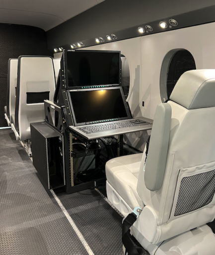 Two 21" HD monitors and a Mantis mission computer from Viewpoint installed in the CMR Rack & Console from Helios Aerosystems inside the new SkyCourier platform from Textron Aviation. 